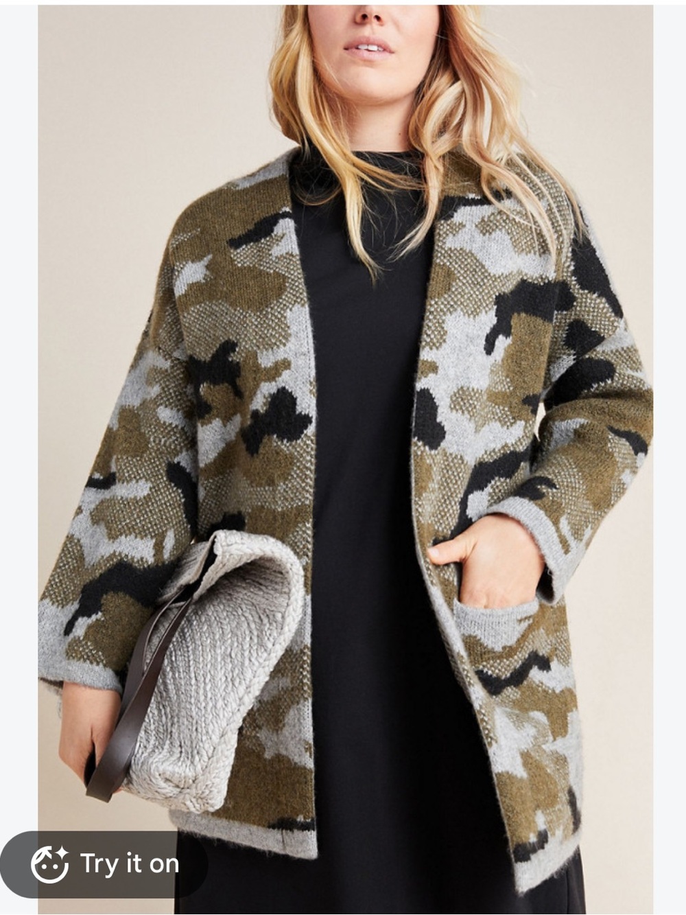 Anthropologie Womens Olive & Gray Camo Open-Front oversized Coatigan